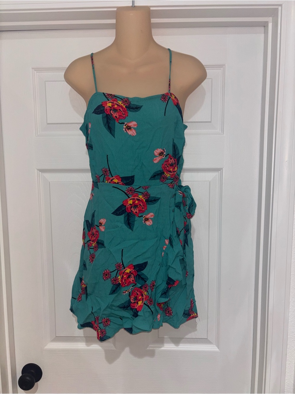 Express Teal Floral Spaghetti-Strap Wrap Mini Dress